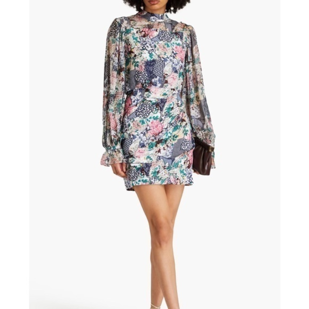 NWOT SALONI Rina printed crepe de chine-paneled silk-chiffon mini dress